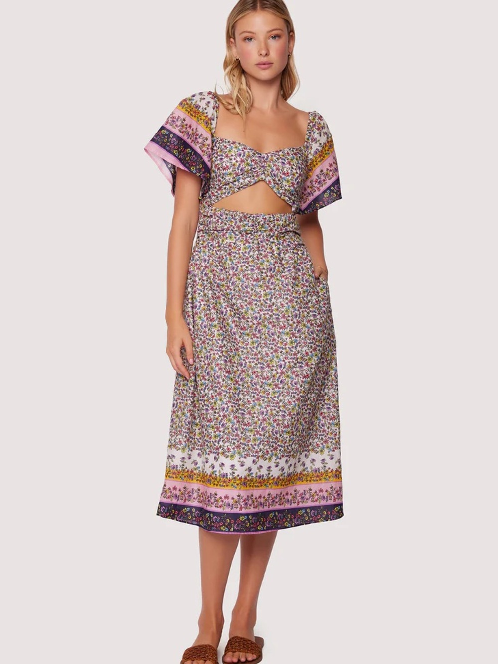 Lost + Wander White Floral Cutout Midi with Pink & Yellow Blossoms